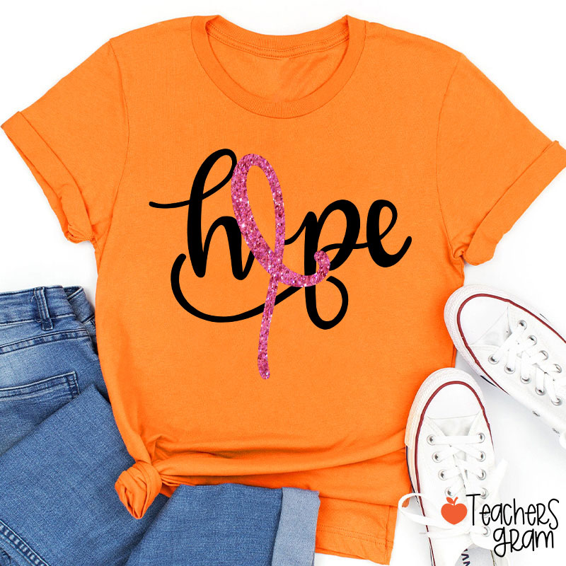 Pink Ribbon Hope Breast Cancer Teacher T-Shirt