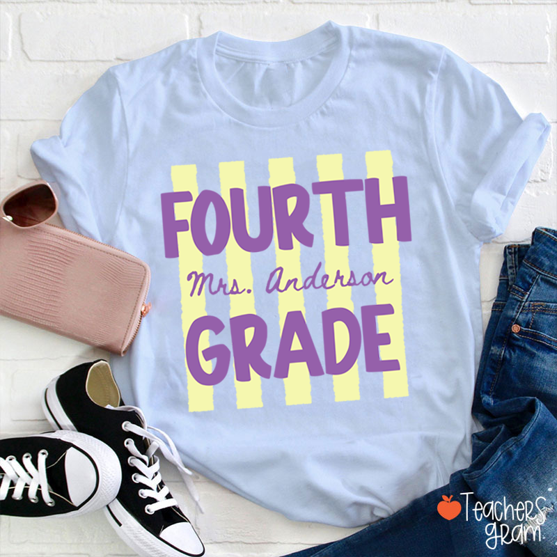 Personalized Name And Grade Preppy Stripes Teacher T-Shirt