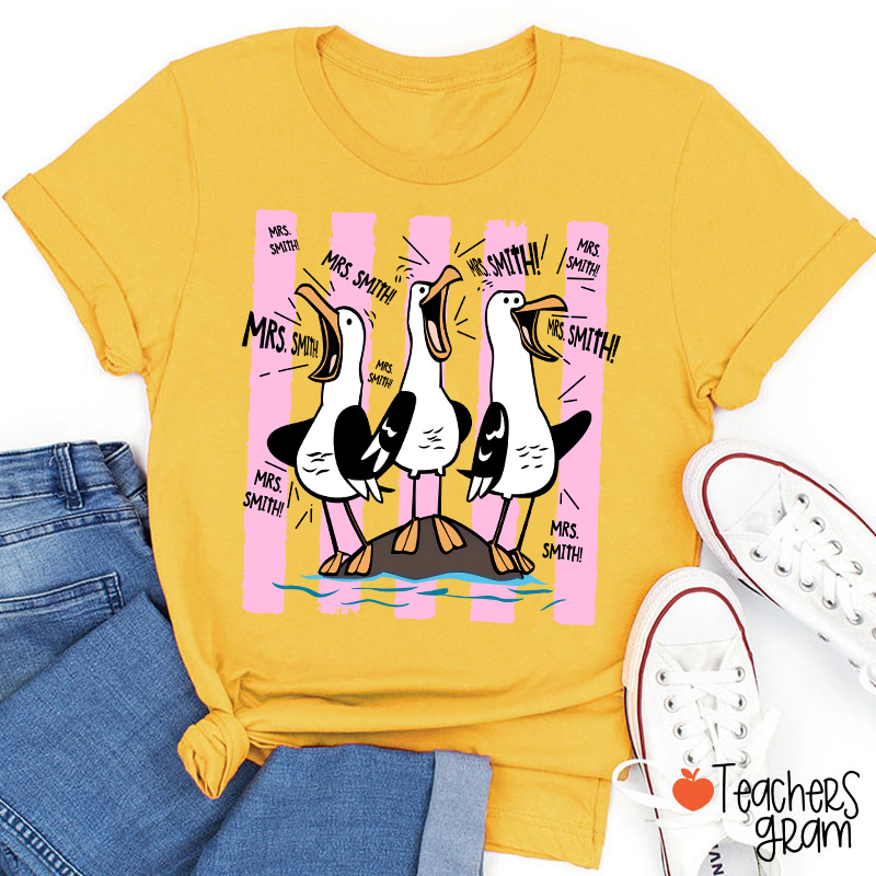 Personalized Pink Stripes Seagull Meme Teacher T-Shirt