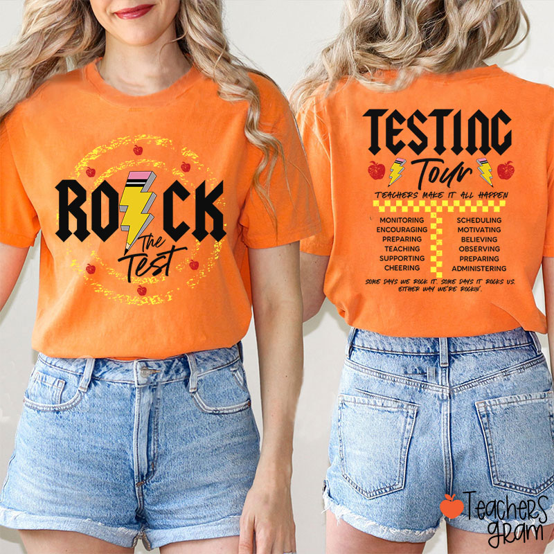 Rock The Test Testing Tour Teacher Two Sided T-Shirt