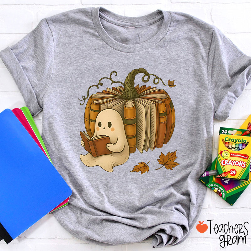 Ghost Reading Book Pumpkin Teacher T-Shirt