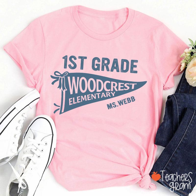 Personalized Grade And School Name Pennant Teacher T-Shirt