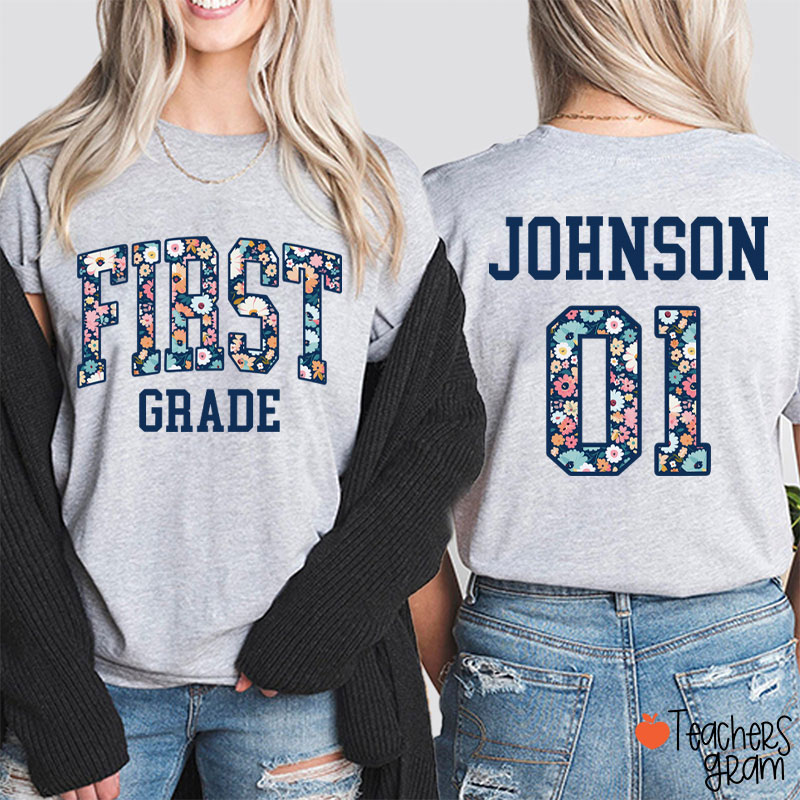 Personalized Grade And Name Floral Fonts Teacher Two Sided T-Shirt