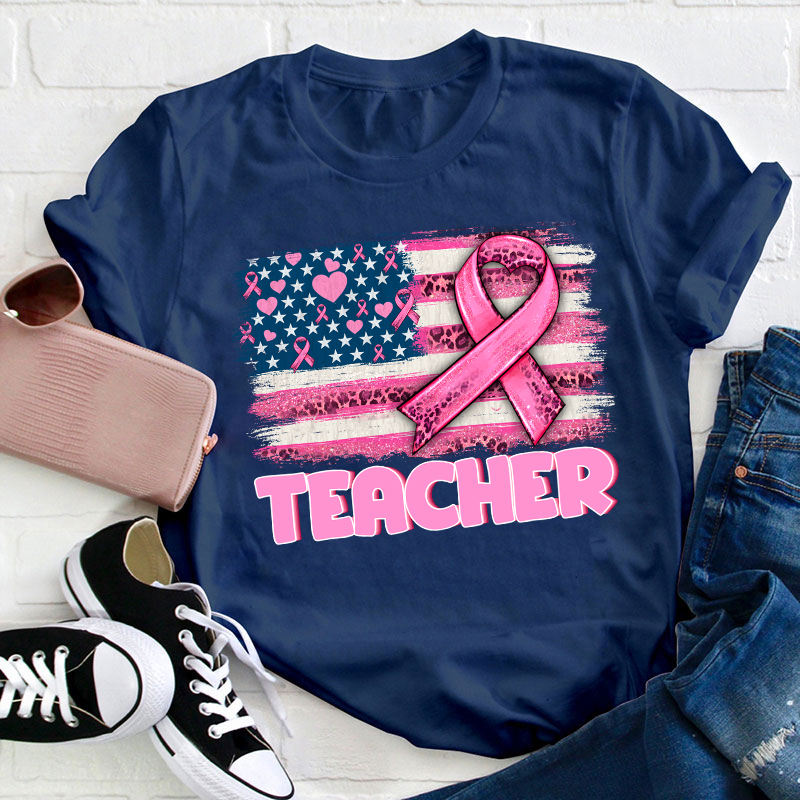 Personalized American Flag With Pink Ribbon Teacher T-Shirt