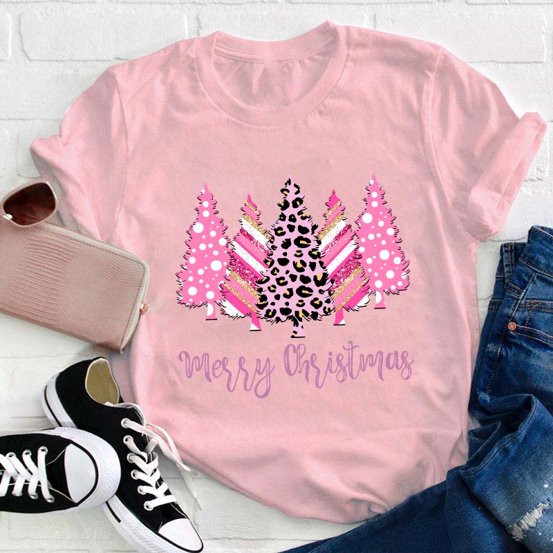 Merry Christmas Pink Christmas Trees Teacher T-Shirt