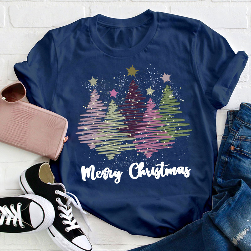Merry Christmas Colorful Trees Teacher T-Shirt