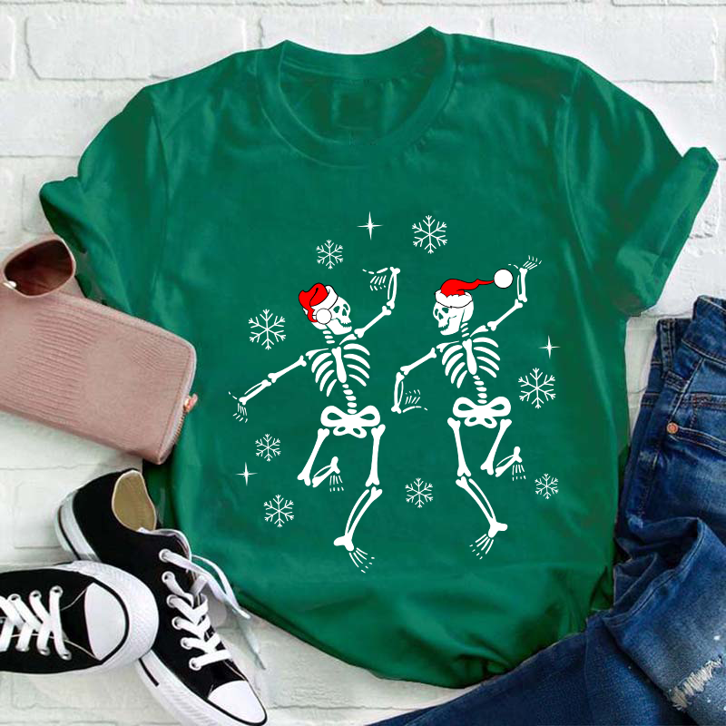 Dancing Skeleton With Santa Hat Teacher T-Shirt
