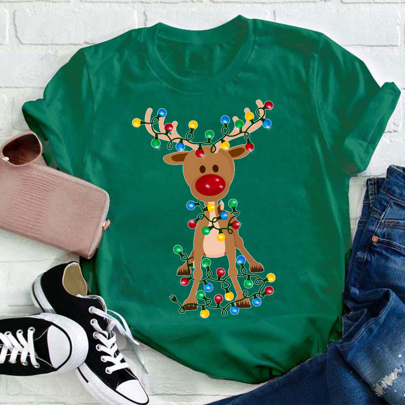 Elk Wrapped In Christmas Lights Teacher T-Shirt