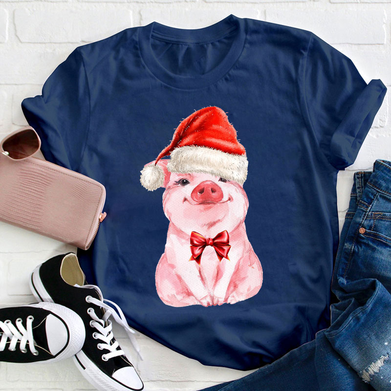 Cute Pig Wearing Christmas Hat Teacher T-Shirt