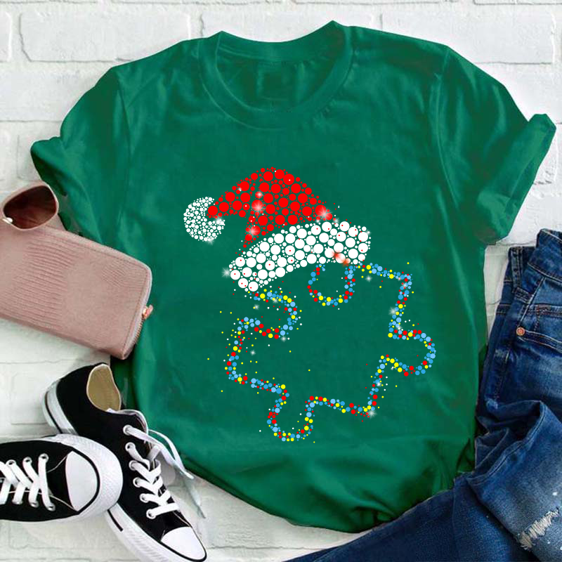 Colorful Puzzle Christmas Hat Teacher T-Shirt