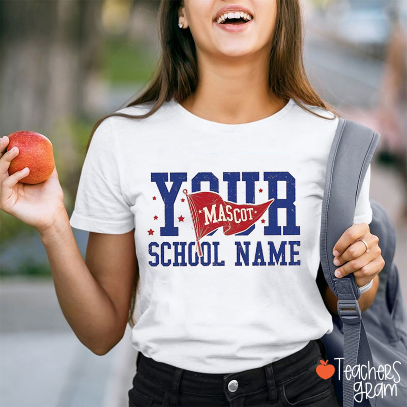 Personalized Mascot School Name Pennant Flag Distressed Teacher T‑Shirt