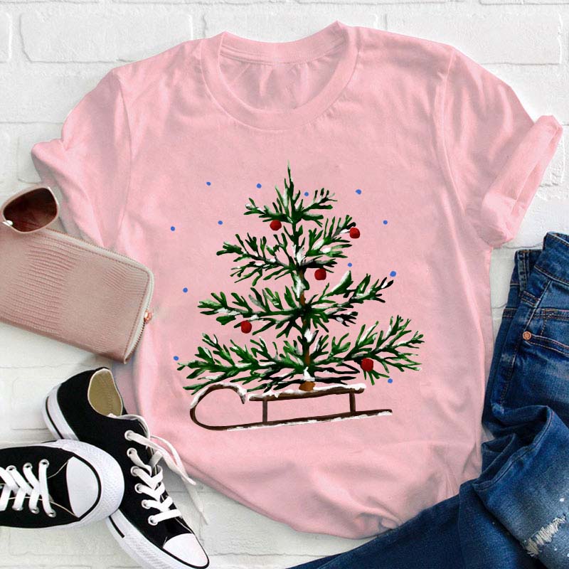 Christmas Tree Sleigh Teacher T-Shirt