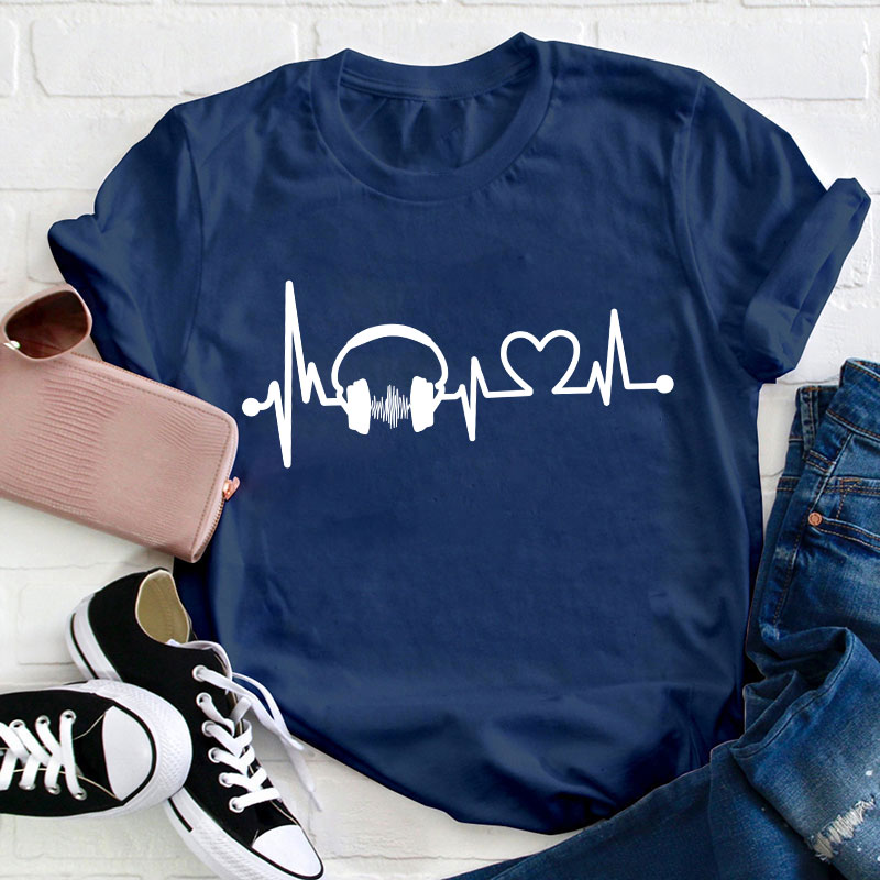 Music Headphones And Heartbeat Teacher T-Shirt
