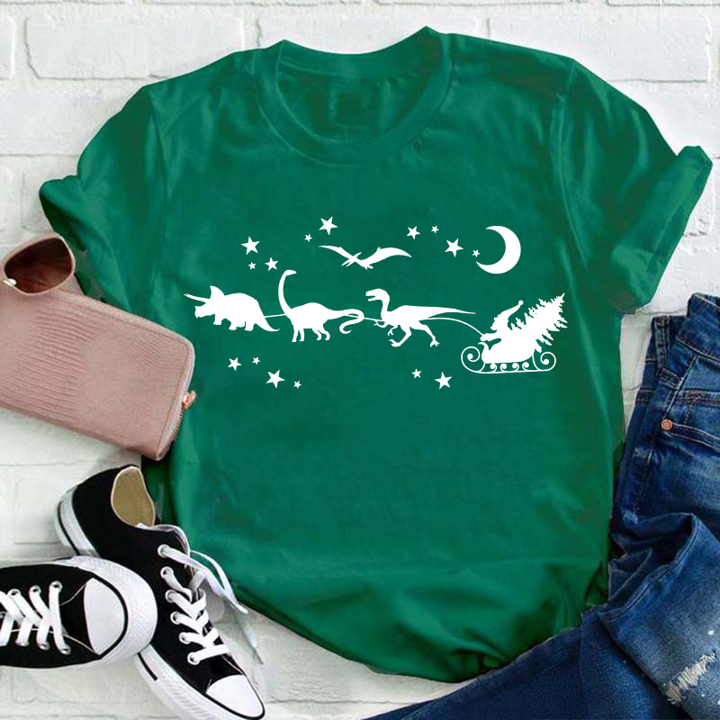 Christmas Dinosaur Sleigh Ride Teacher T-Shirt