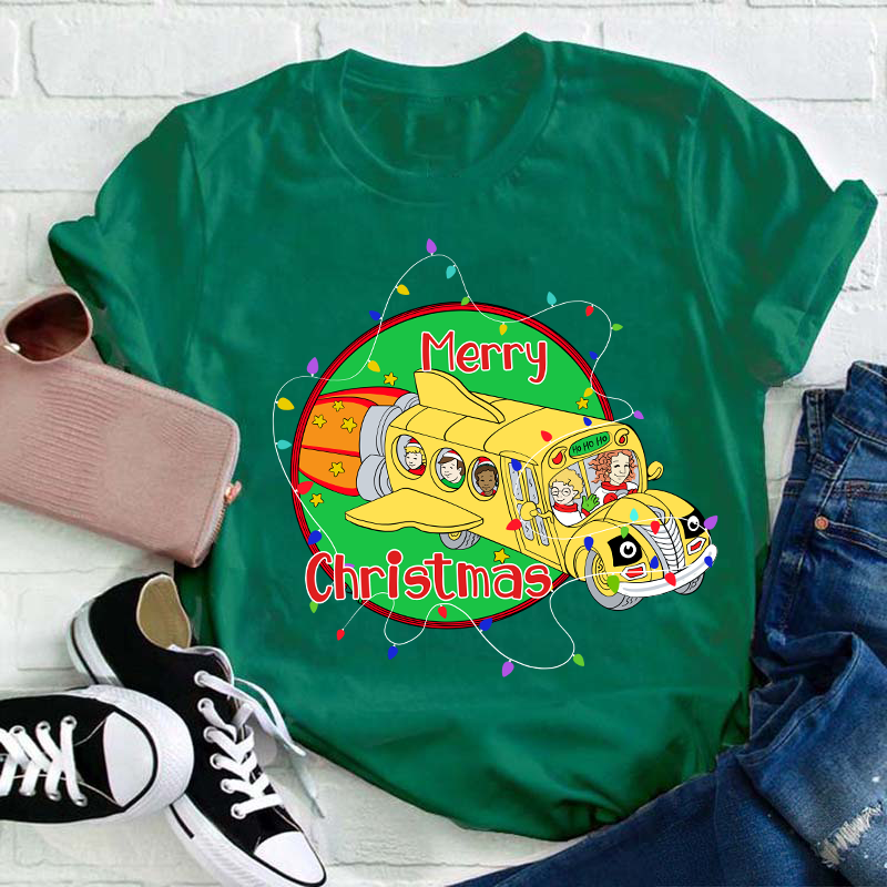 School Bus Merry Christmas Teacher T-Shirt