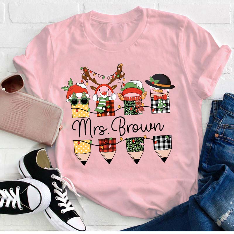 Personalized Name Cute Christmas Pencils Teacher T-Shirt