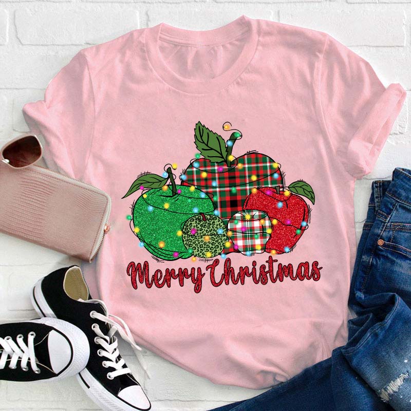 Christmas Apples Surrounded By Lights Teacher T-Shirt