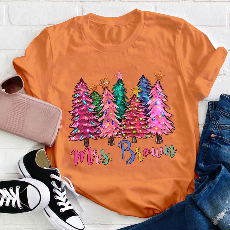 Personalized Name Colorful Christmas Trees Teacher T-Shirt