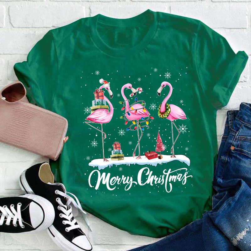 Pink Flamingo Merry Christmas Teacher T-Shirt