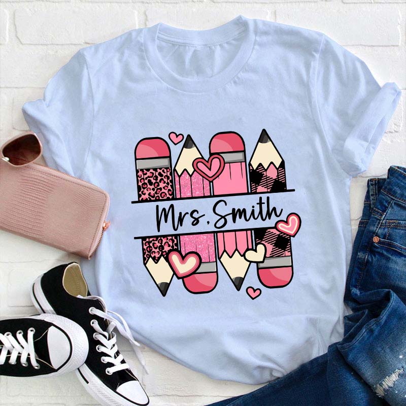 Personalized Name Pink Pencil Teacher T-Shirt