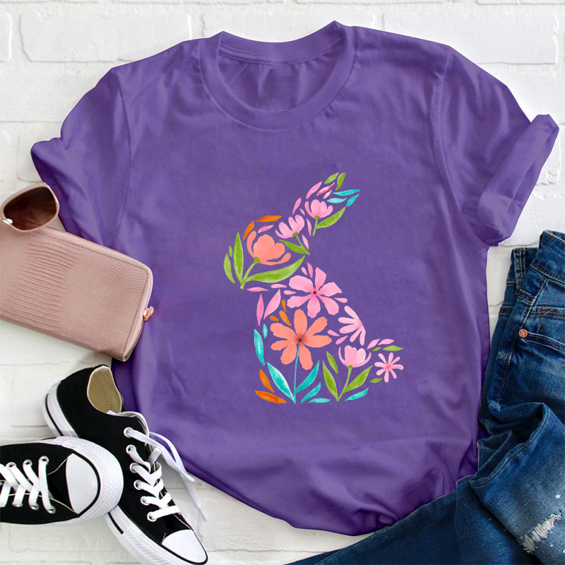 Pink Flower Spring Bunny Teacher T-Shirt