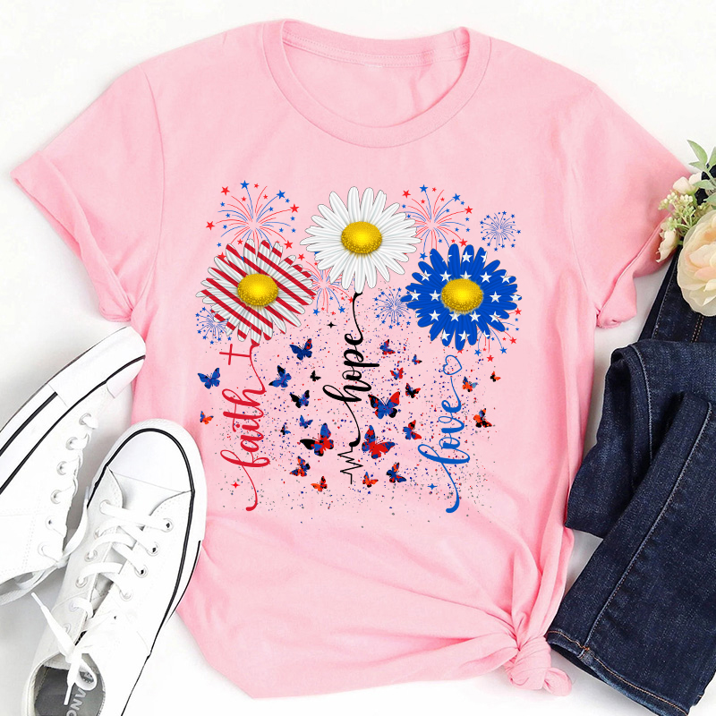 Faith Hope Love Flag Sunflower Teacher T-Shirt