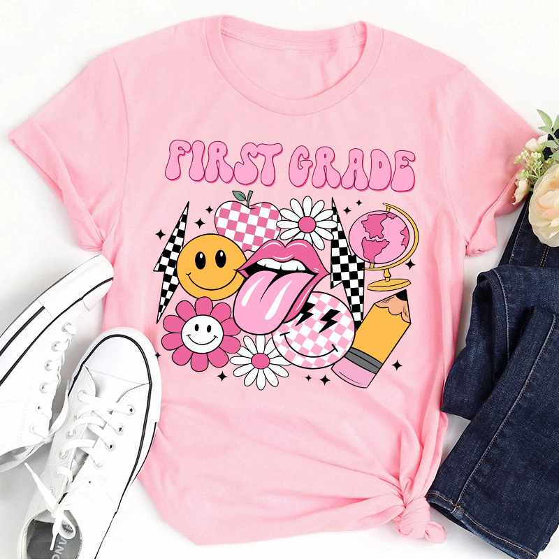 Personalized Pink Checkerboard And Smiley Face Grade Teacher T-Shirt