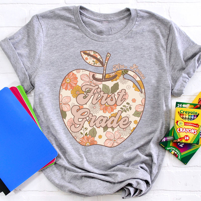 Personalized Vintage Floral Print Apple Teacher T-Shirt