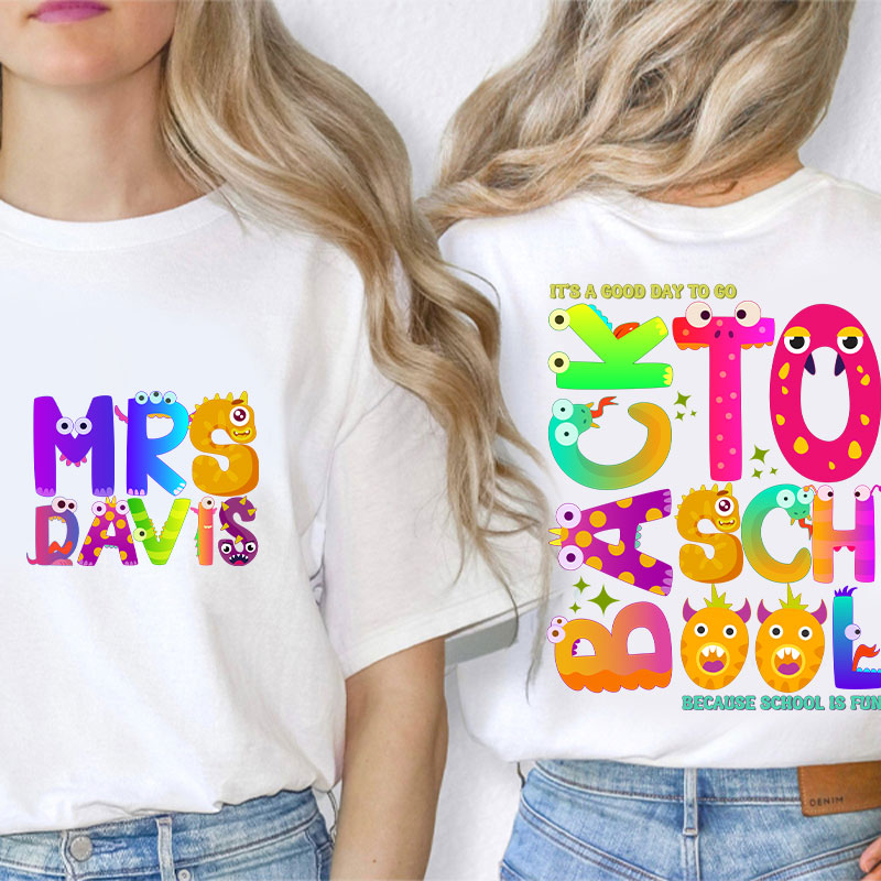 Personalized Name Cute Animal Alphabet Teacher Two Sided T-Shirt