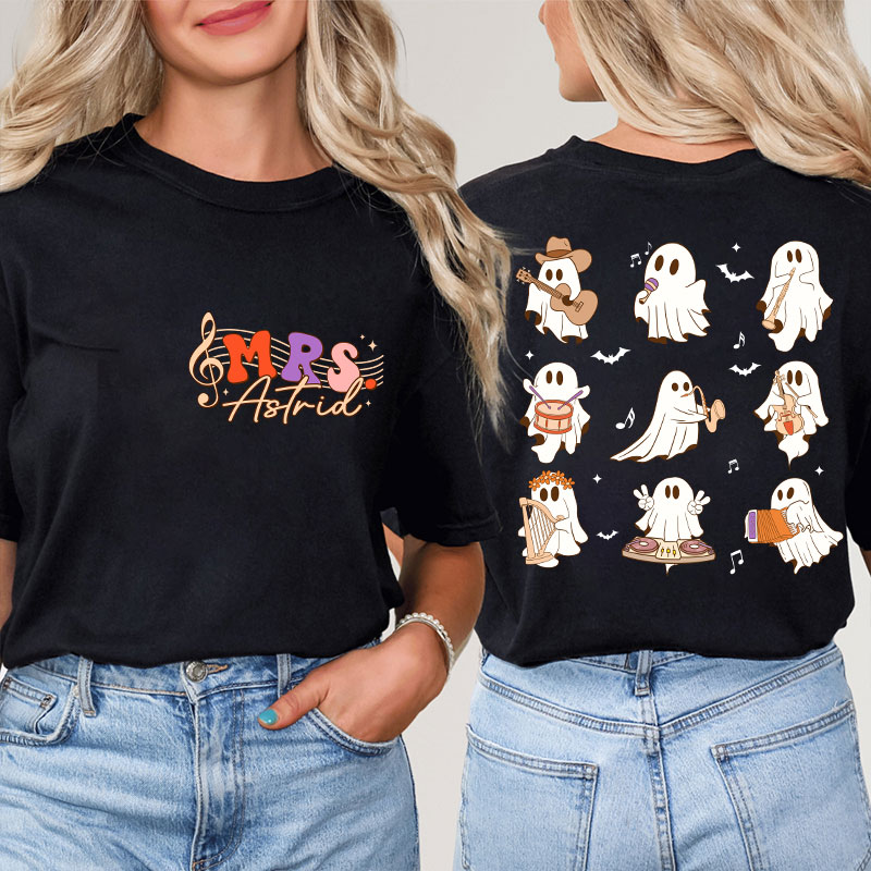 Personalized Name Ghost Music Teacher Two Sided T-Shirt