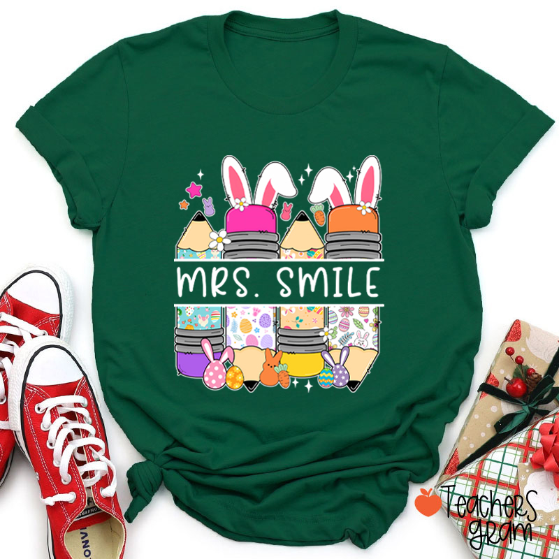 Personalized Name Bunny Pencil Teacher T-Shirt