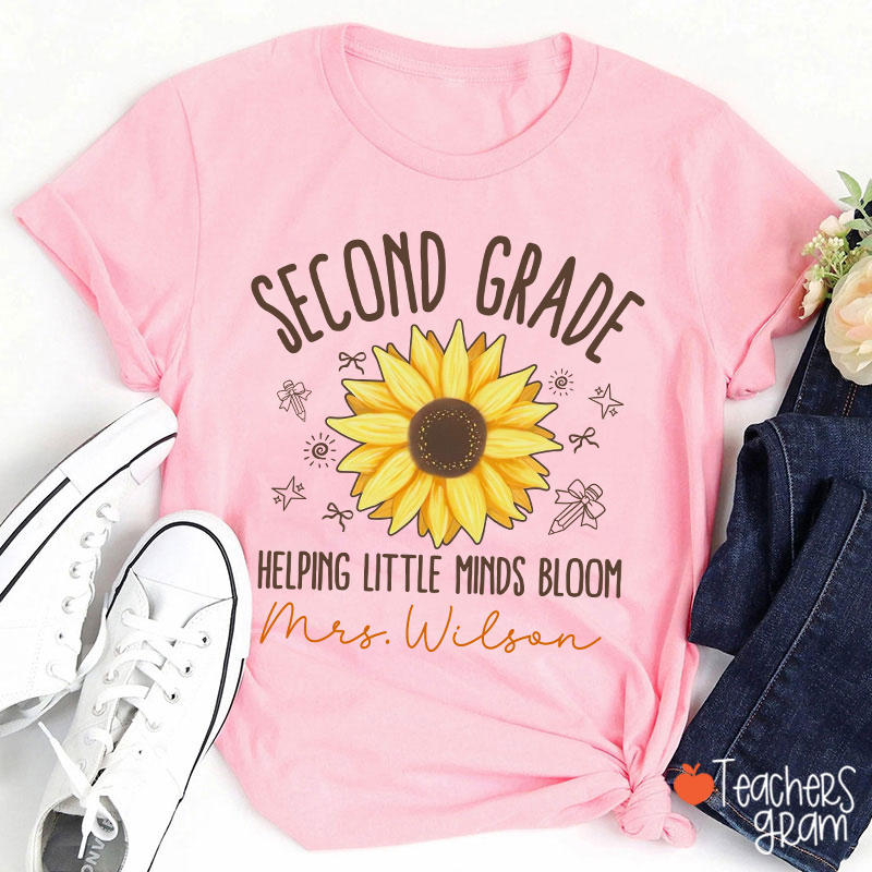 Personalized Grade And Name Helping Little Minds Bloom Teacher T-Shirt
