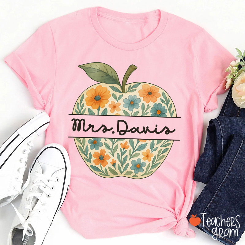 Personalized Name Vintage Floral Apple Teacher T-Shirt