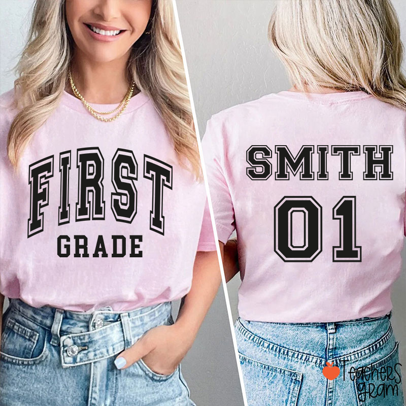 Personalized Grade And Name Simple Fonts Back To School Teacher Two Sided T-Shirt