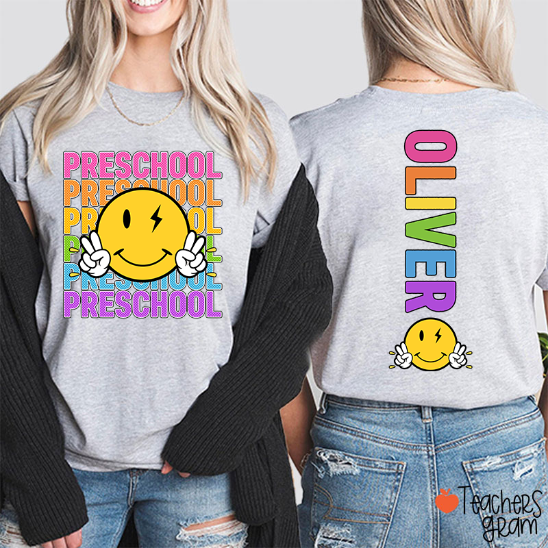 Personalized Grade And Name Smiley Face Teacher Two Sided T-Shirt