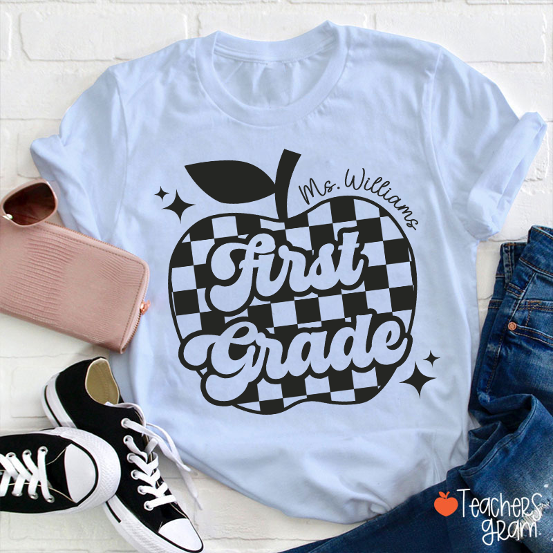 Personalized Black And White Checkerboard Apple And Name Teacher T-Shirt