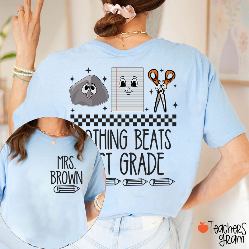 Personalized Grade Name Pencil Rock Checkerboard Notebook Scissors Teacher Two Sided T-Shirt