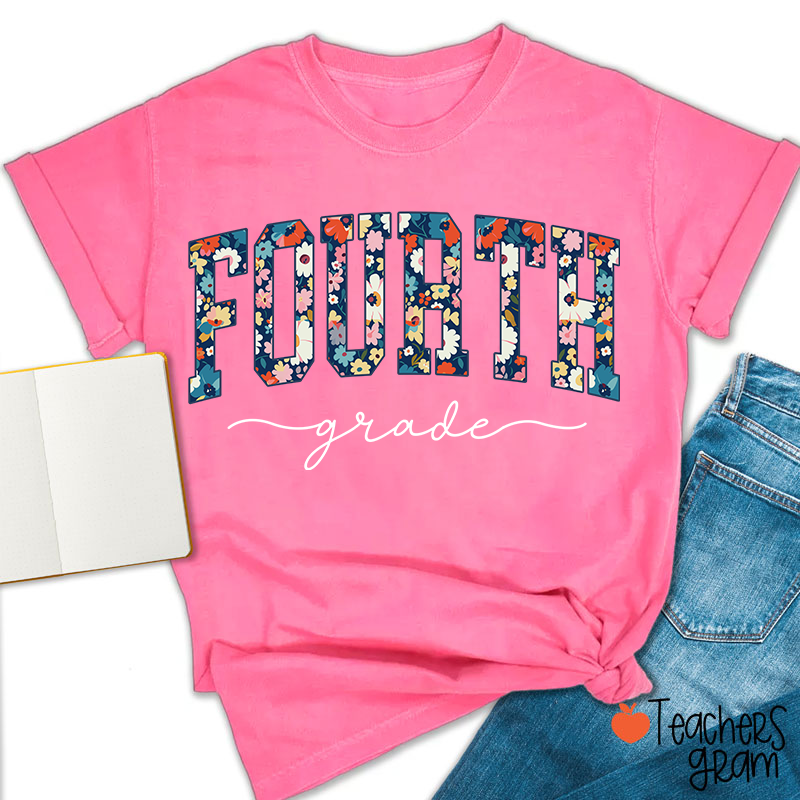 Personalized Grade Blue Floral Teacher T-Shirt