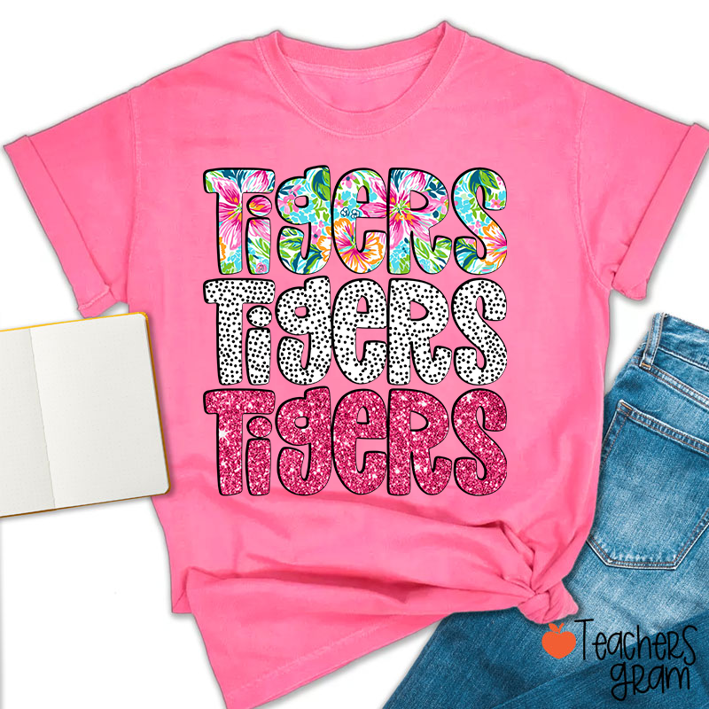 Personalized Mascot Flower Dot Pink Glitter Teacher T-Shirt