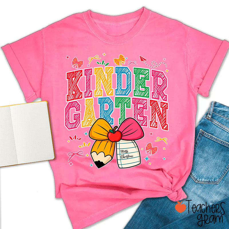 Personalized Grade Name Bow Hand-Drawn Pencil Apple Teacher T-Shirt