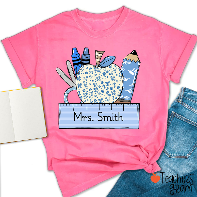 Personalized Name Blue Apple Pencil Crayon Scissors Ruler Teacher T-Shirt