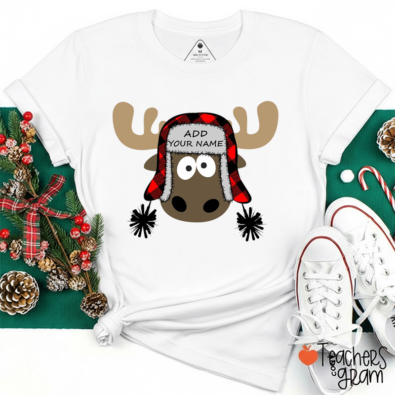 Personalized Name Reindeer Buffalo Plaid Teacher T-Shirt