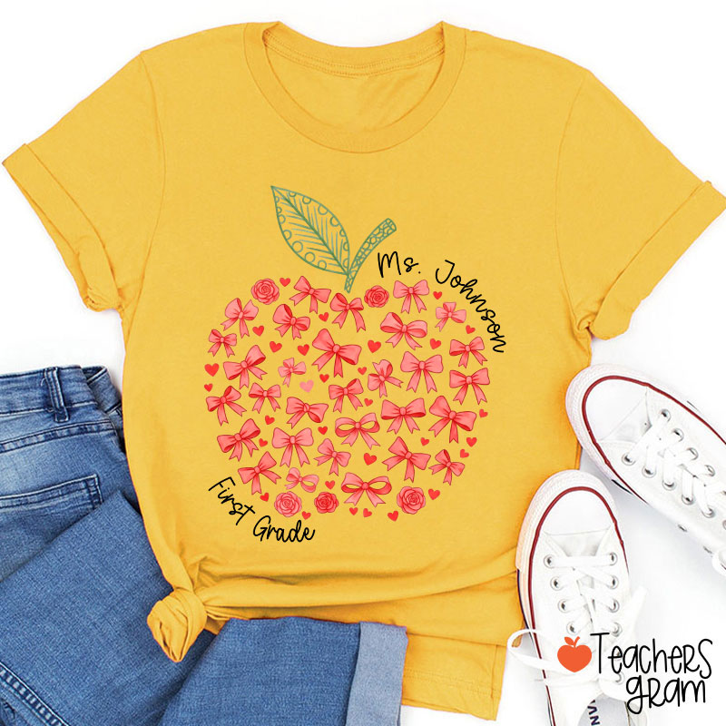 Personalized Name Or Grade Bow Apple Teacher T-Shirt