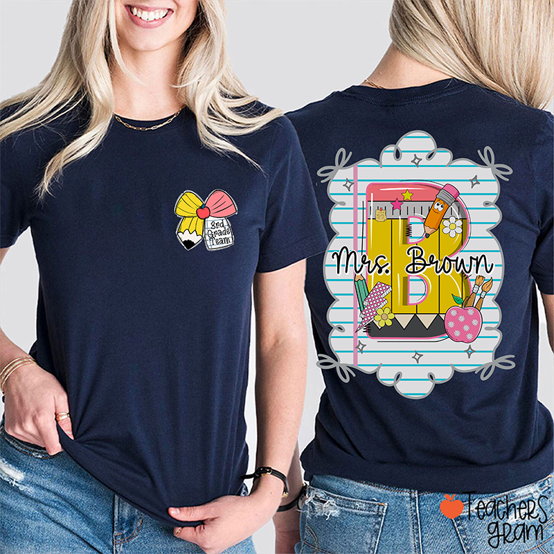 Personalized Grade And Name Pencil Bow Initials Teacher Two Sided T-Shirt