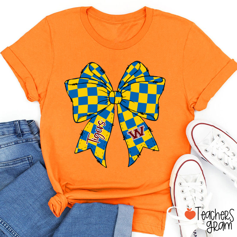 Personalized Mascot Checkered Bow Game Day Teacher T-Shirt