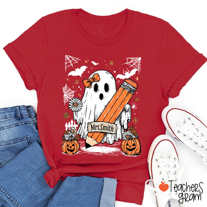 Personalized Name Cute Ghost Floral Halloween Teacher T-Shirt
