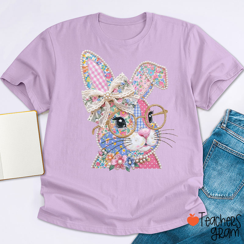Faux Patchwork Bunny Teacher T-Shirt