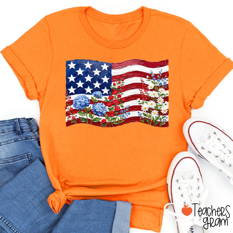 Floral American Flag Teacher T-Shirt