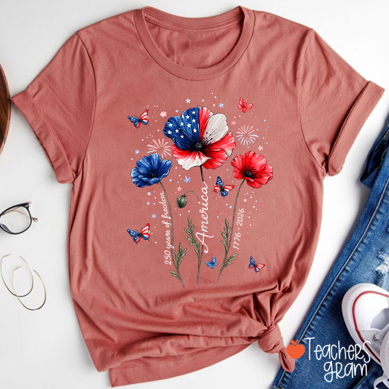 4th Of July 250 Years Of Freedom Floral Teacher T-Shirt