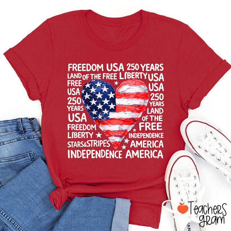 Heart Shaped American Flag Teacher T-Shirt